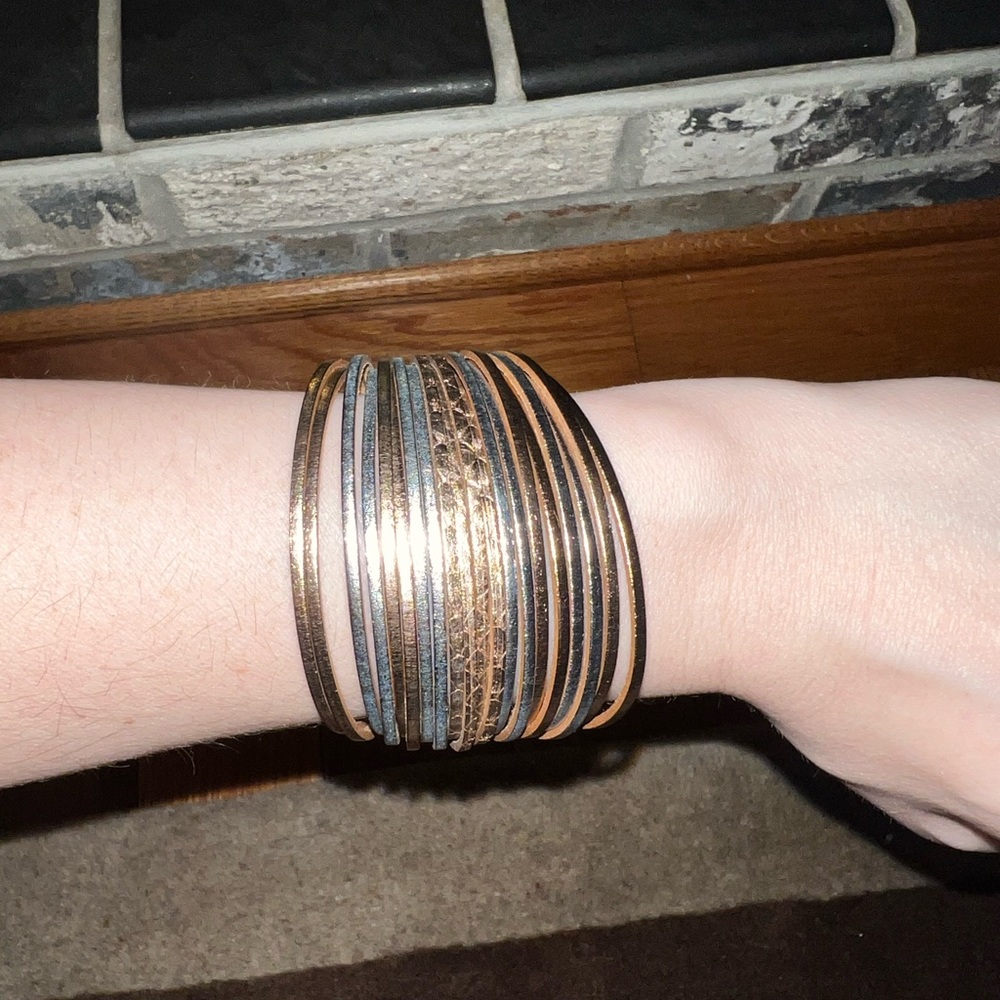 Fancy Shiny Leather Wrap Bracelet - silver, bronze, gold NWT in box